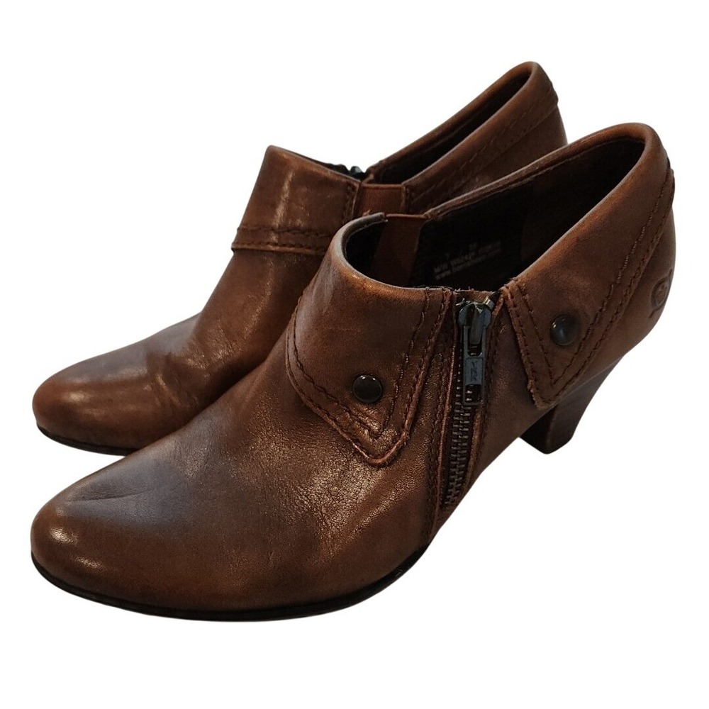 Born Brown Leather Ankle Boots‎ Side Zip Block Heel Women Size 7.5